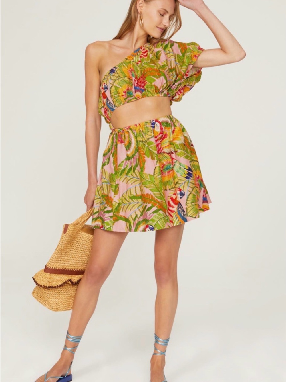 FARM Rio Macaw Mini Dress One-Shoulder Crop Top & Skirt Set